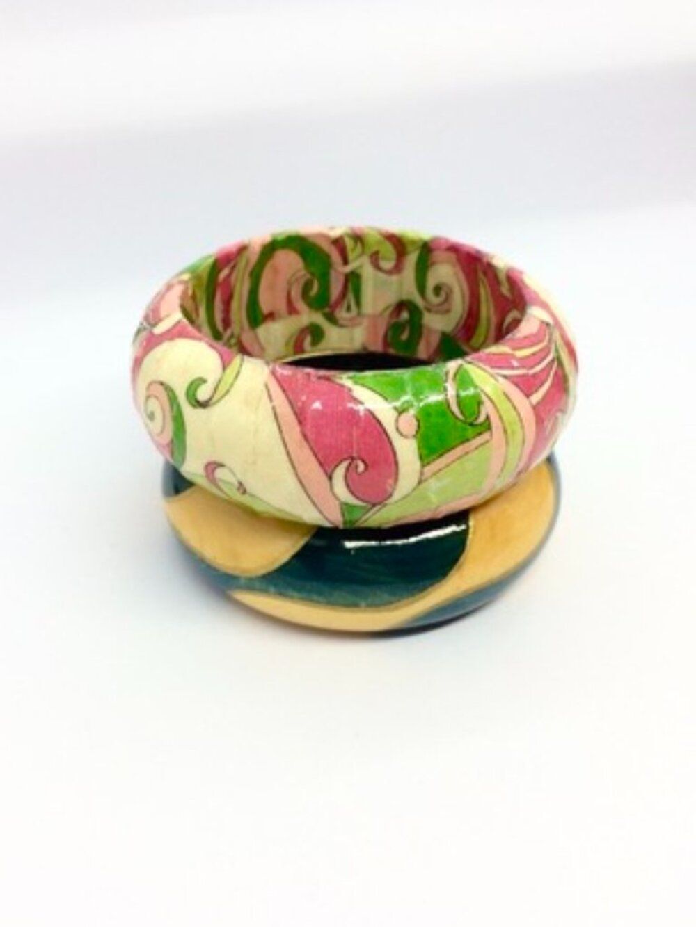 VINTAGE CHUNKY BANGLE Set Wood Plastic Paisley Wide Retro Statement Bracelet